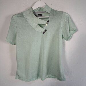 Jamie Sadock Green Sparkly Short Sleeve Golf Polo Shirt Top Medium Unique Collar